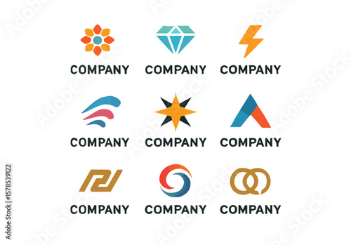 Collection of nine assorted company logo designs on a white background