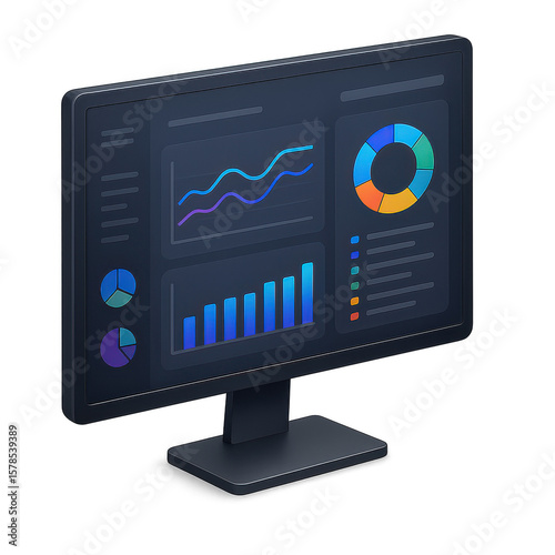 3D Icon of Desktop Monitor Showing Dashboard with Graphs and Clean UI