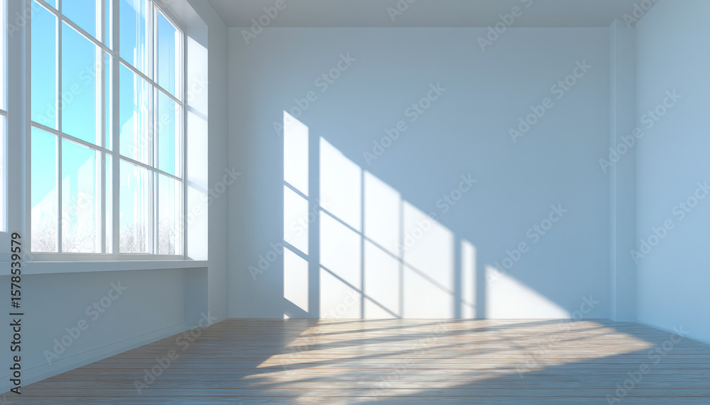 Obraz premium Sunlit empty room with large windows and shadow patterns on the wall