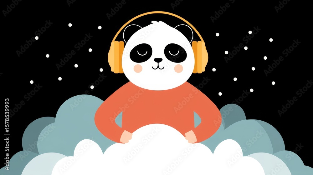 Fototapeta premium Cartoon Panda DJ Wearing Headphones Surrounded by Clouds Enjoying Music in a Playful Atmosphere