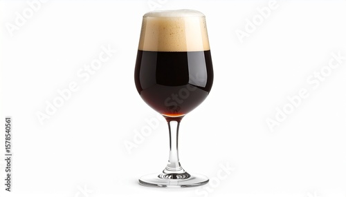 Wine glass filled with dark stout beer and foamy cream head, rich brown tones and minimal white background in product photography style.