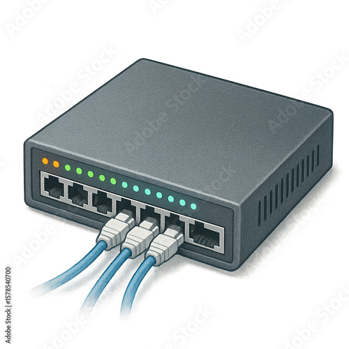 3D Icon of Network Switch Device with 8 LAN Ports and Active Status Lights