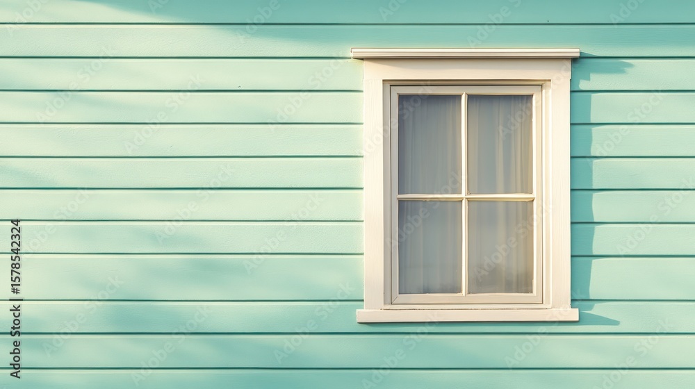 Fototapeta premium Vintage light teal house wall with white window.