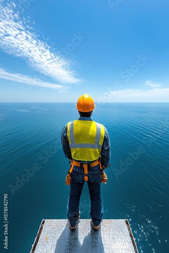 Construction Worker Overlooking Calm Ocean from Industrial Platform
