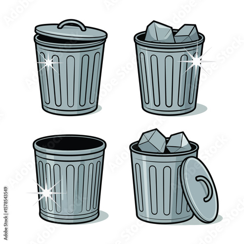 Empty and Full Metal Trash Cans