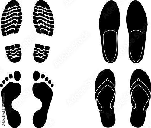 Footprint Types Icon Set | Vector Illustration of Barefoot, Shoe Print, Slippers and Flip-flops for Graphic Design, Infographics and Footwear Concepts