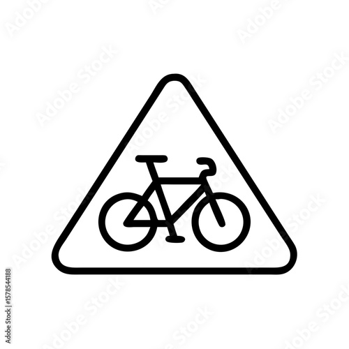 Bike lane sign in simple black and white outline, perfect for marking bicycle route. This bike lane sign, with triangle frame, denotes safe cycling path, promoting cyclist safety on roads.