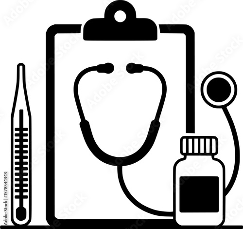 Bold black silhouette of stethoscope, clipboard, thermometer, and medicine bottle, perfect for healthcare designs
