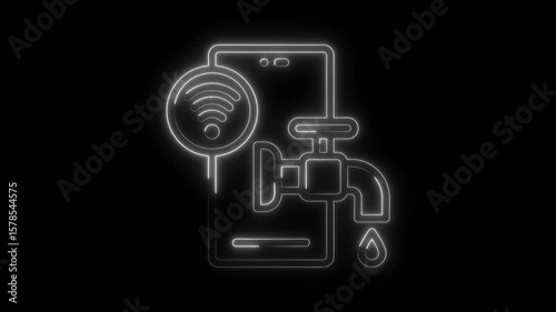 Smart water management neon icon on phone smart home automation leak detection