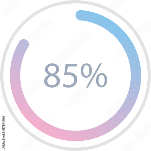 Blue pink gradient circle percentage diagrams 85%, simple indicator infographic flat design vector illustration loading data interface elements app button ui ux web isolated on white background