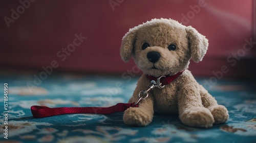 Stuffed dog with a toy leash and collar