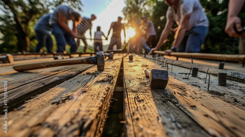 volunteers building a house hammers and nails on wooden beams f aperture golden hour