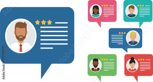Customer Review and Testimonial Speech Bubbles with User Avatars and Star Ratings | Online Feedback Vector Graphic for Business Marketing, Customer Satisfaction, Website and Social Media Design