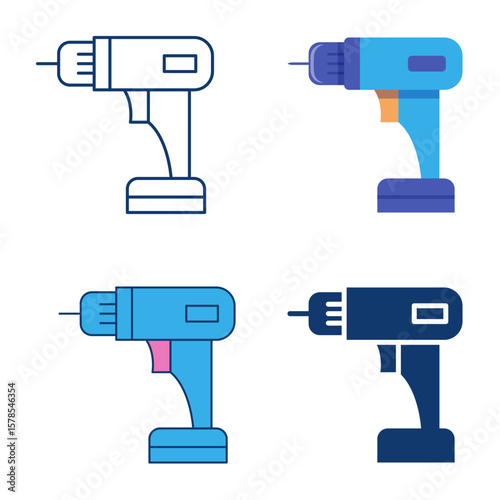Drill tool flat and line icon set