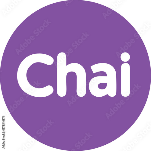 Vector art of the word chai is displayed in a white font on a purple circle, representing the popular tea beverage