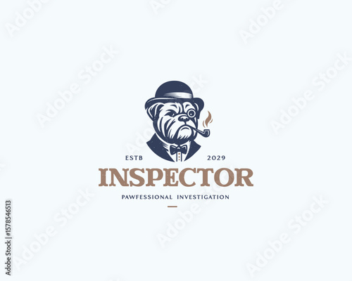 Dog detective investigator with glass  logo template 