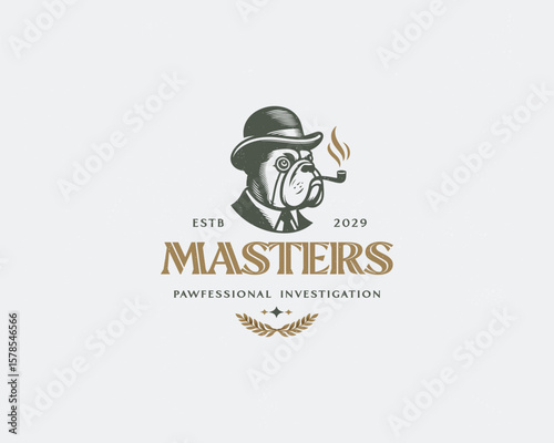 Dog detective investigator with glass  logo template 