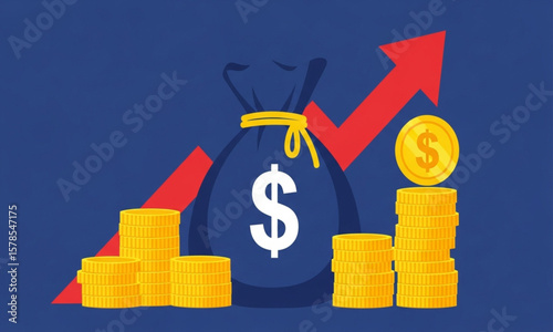Money Bag with Red Arrow Up and Gold Coin Stacks | Business Investment Growth, Financial Success and Economic Recovery Illustration