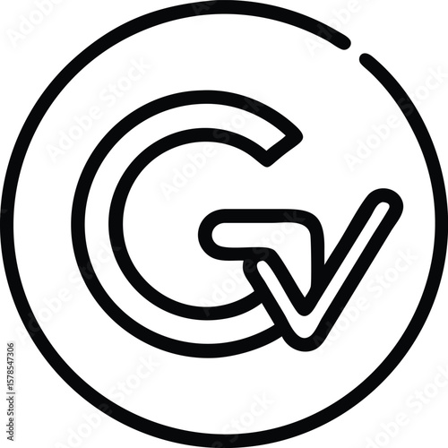 Vector art of a black and white line drawing of a letter g with a check mark inside a circle
