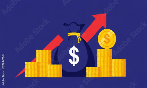 Money Bag with Dollar Sign and Rising Arrow | Financial Growth and Investment Concept for Business, Finance, and Marketing