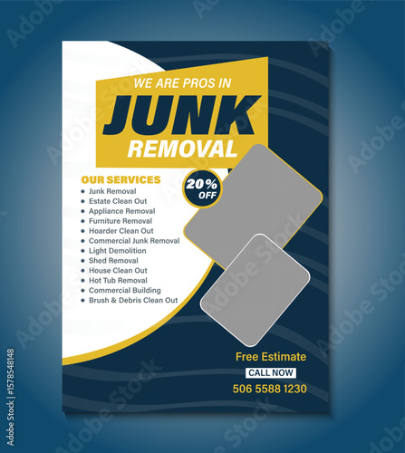 Clean and bold junk removal flyer template featuring clutter-free layout, contact details, service highlights, and striking visuals. Perfect for promoting waste disposal, hauling, and decluttering.
