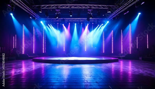A stage illuminated with vibrant purple and blue lights, creating a dynamic and energetic at.jpg