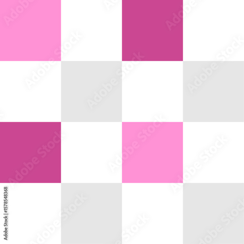 Symmetrical checkered pattern of pink, magenta, light gray and white squares arranged in a uniform and orderly grid, simple and clean visual.