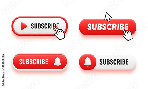 Subscribe Buttons with Mouse Clicks and Notification Bell Icons | Red and White Social Media Call to Action for Channel Growth and Online Engagement