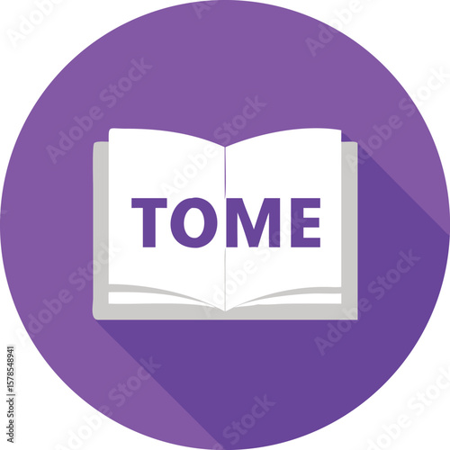 Vector art of a book with the word tome on the pages in a purple circle
