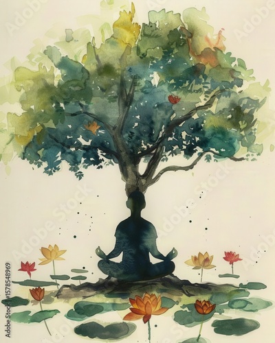 watercolor illustration of a person meditating under a tree with floating lotus flowers soft pastel tones on hands .