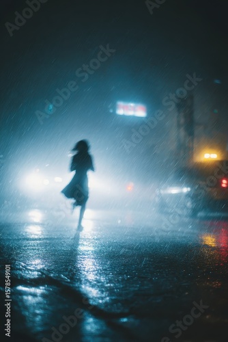 Woman Running in Heavy Rain.
