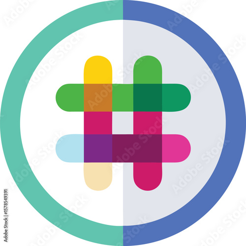 Vector art of the slack logo features a colorful hashtag symbol inside a circle for team communication