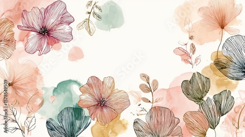 Flower watercolor art background vector. Wallpaper design with floral paint brush line art. leaves and flowers nature design for cover, wall art, invitation, fabric, poster, canvas print., no logos, 