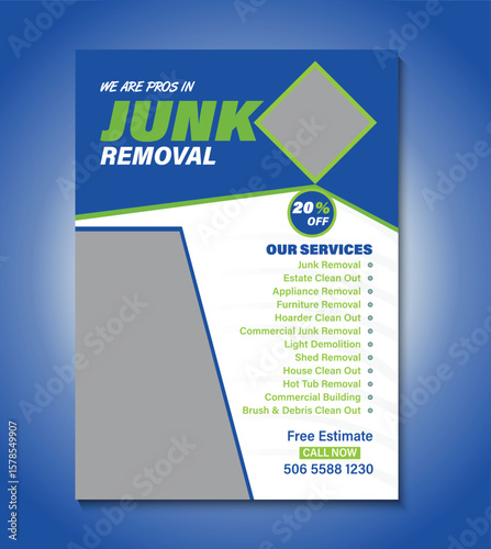 Clean and bold junk removal flyer template featuring clutter-free layout, contact details, service highlights, and striking visuals. Perfect for promoting waste disposal, hauling, and decluttering.