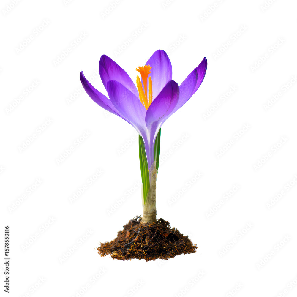 Naklejka premium Vibrant Purple Crocus Flower Emerging From Soil Isolated on White Background