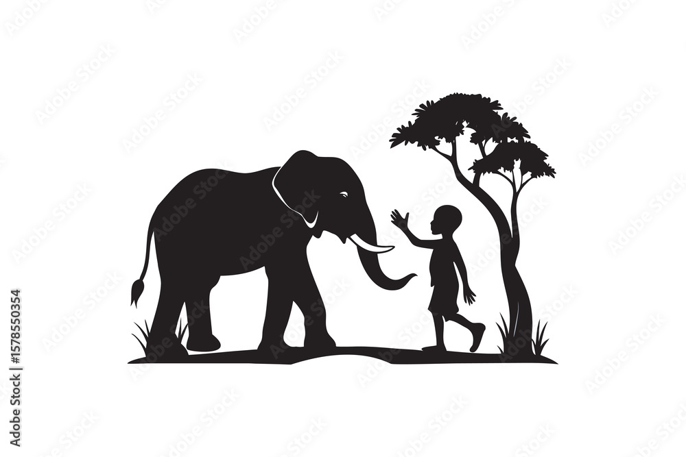 Obraz premium Silhouette of a Child Reaching Out to an Elephant Under a Tree Depicting Friendship and Connection in a Minimalist Black and White Design