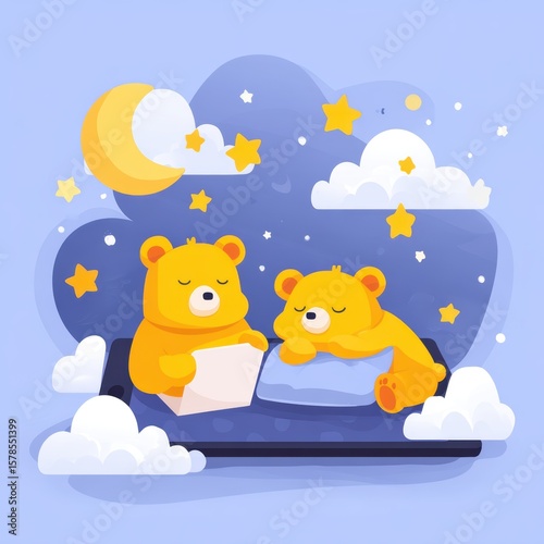 A mousepad with Two cute bears, one reading and the other sleeping on a pillow, surrounded by stars, clouds, and a crescent moon in a dreamy night sky, AI computer devices on plain background
