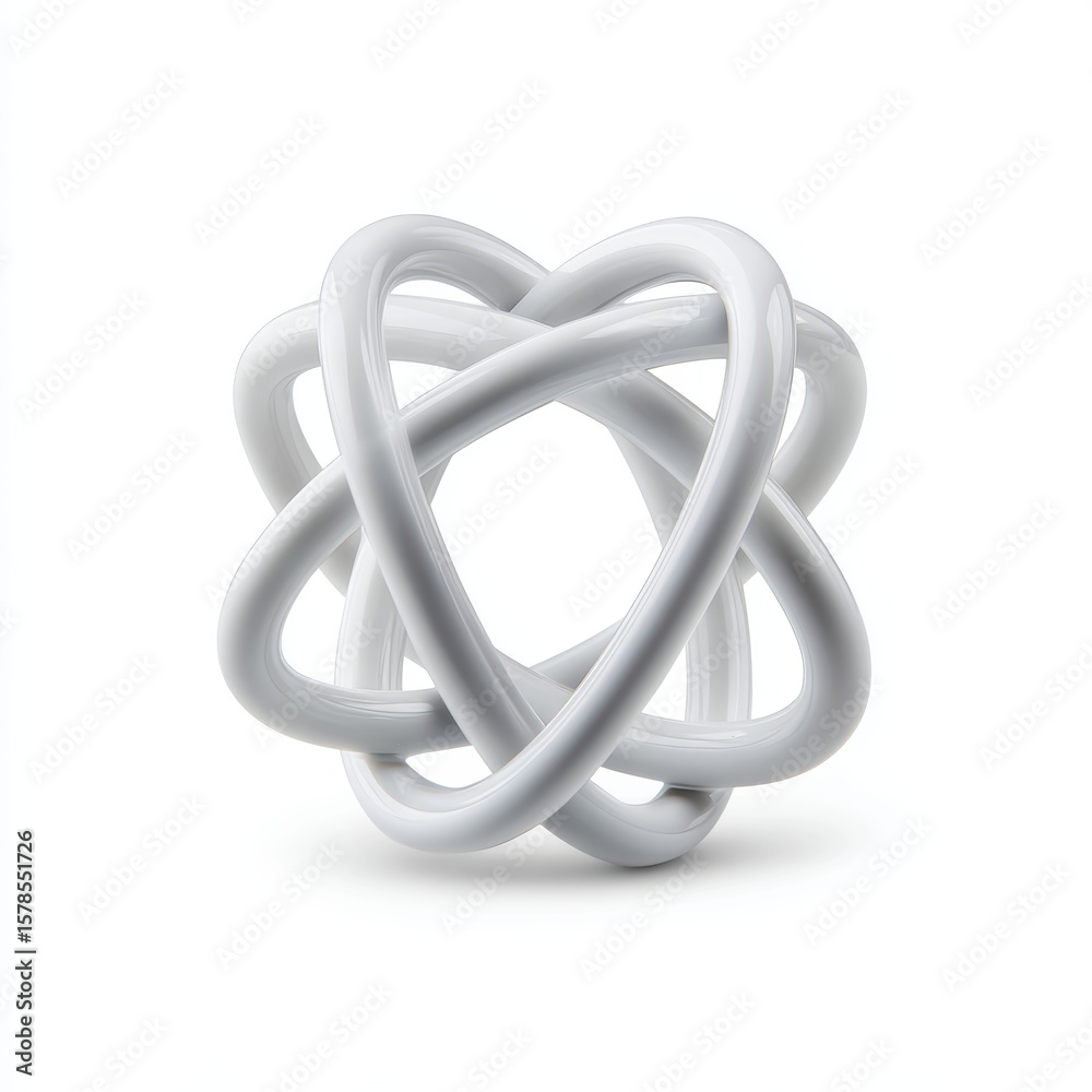 Fototapeta premium A sleek, metallic, abstract 3D knot with intertwined loops creating a smooth, modern and futuristic design on a white background, AI computer devices on white background