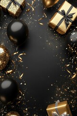 Celebration on Black Background with Black and Gold Balloons