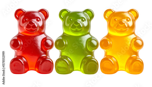Three gummy bears in different colors with glossy, translucent textures and soft candy 