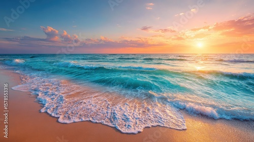 Beautiful sunset wtropical summer beach. panoramic tropical seascape horizon. white sand and blue sea waves, nature background, vacation in paradise concept for tourism, vivid colorful.