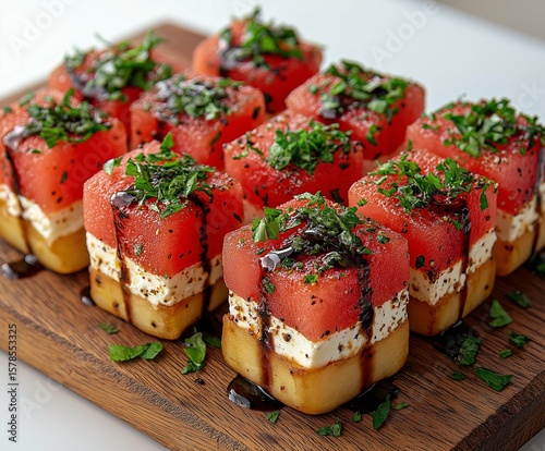 Stacked appetizers of watermelon, cheese, and potatoes are artfully drizzled with sauce and topped with herbs. 