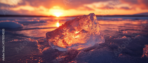 Crystal-clear ice on frozen sea at sunset, ultra wide format