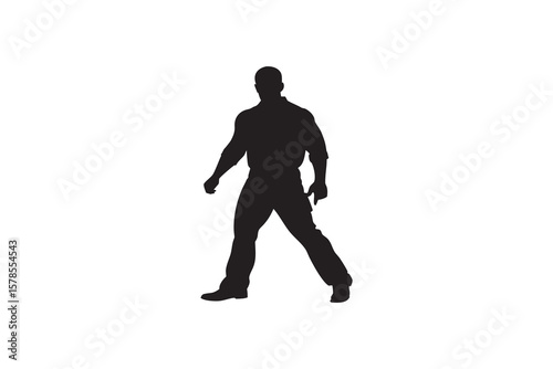 Silhouette of a muscular man in a dynamic pose isolated on a white background conveying strength action and determination in a simple graphic representation