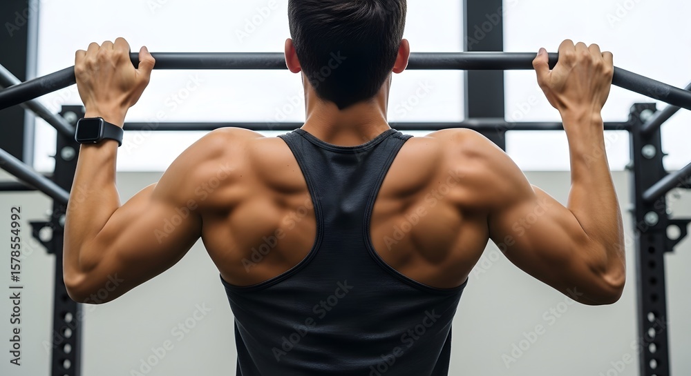 Naklejka premium A muscular man performing a pull-up exercise, showcasing back strength and fitness.