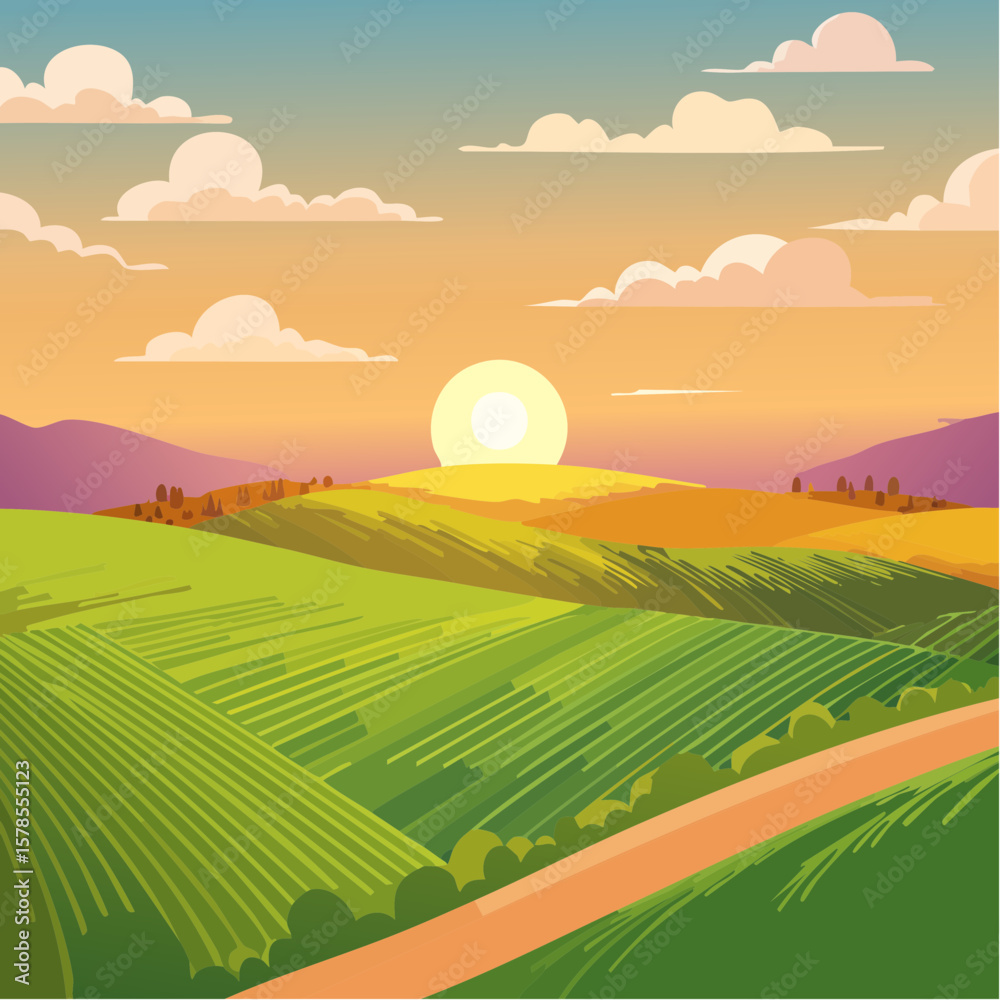 Obraz premium Aerial sunset view of green crop fields. Golden sun above horizon, dramatic sky