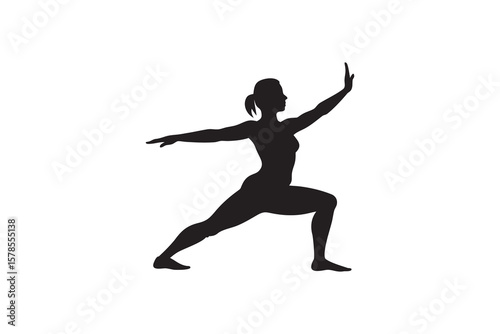 Silhouette of a woman in warrior pose practicing yoga and fitness for health and wellness isolated on white background for design elements