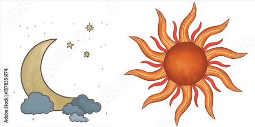 The hand drawing  sun and moon, in the theme colour earth tone. The Sun and moon elements can be repositioned as separate pieces, their intricate detail are fixed since they're part of the completed i