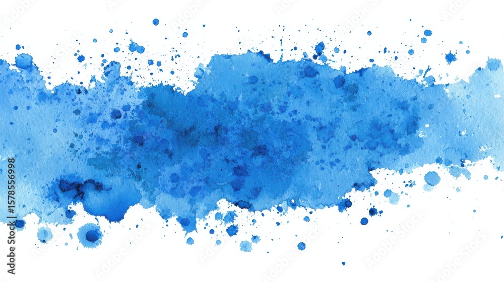 Obraz premium Abstract Blue Watercolor Splash Background - A horizontal composition with a textured blue watercolor splash featuring scattered splatter