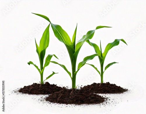 Side view of young maize plant - corn white background. 